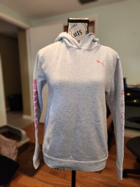 Puma Girls Light Gray Hoodie with Pink Logo